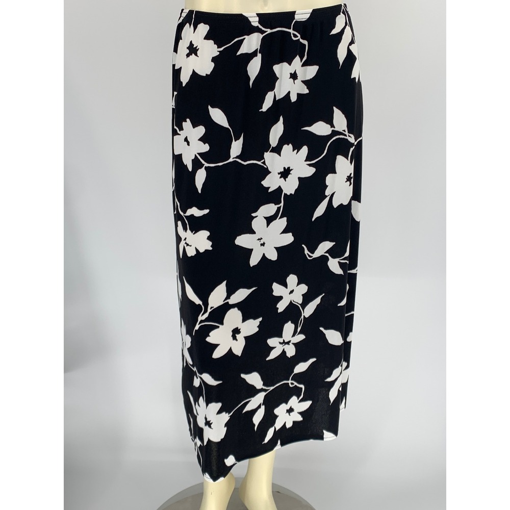 Jaclyn Smith Classic Womens Black White Floral Midi Skirt Elastic Waist Medium